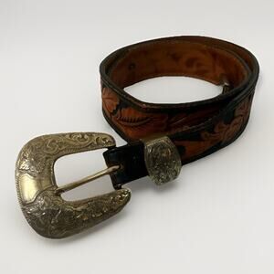 Vintage Belt Hand Tooled Buckle Western Leather 32 Floral Inlay Cowboy Rodeo